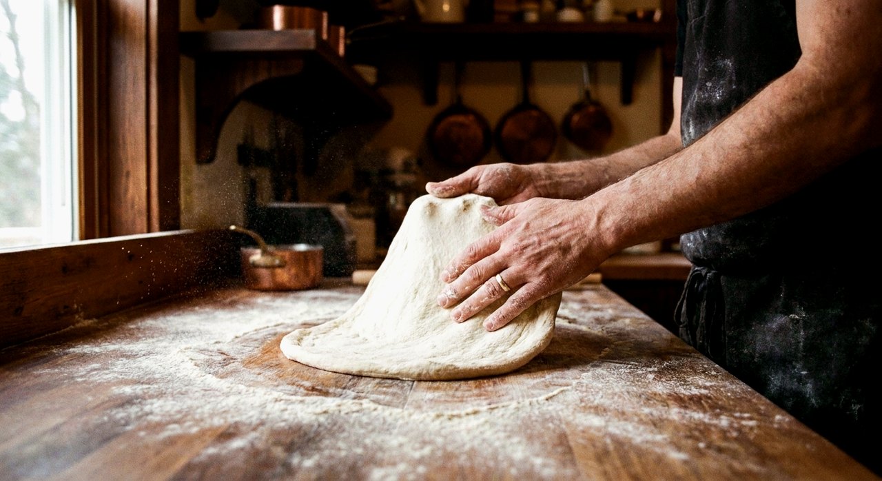 Stretching organic pizza dough by hand