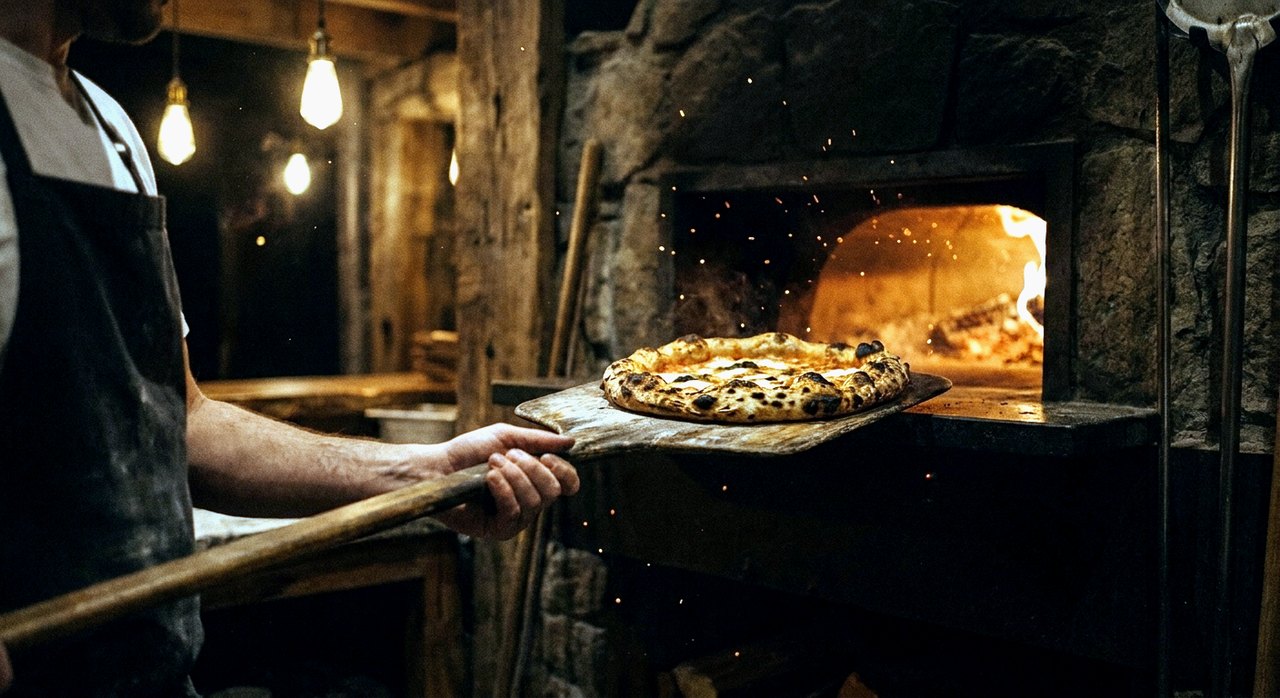 A wood-fired pizza pulled from the oven at Redwood Pizzeria