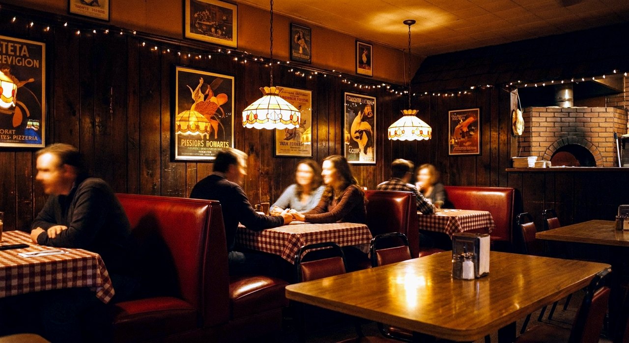 The warm dining room at Redwood Pizzeria, Felton