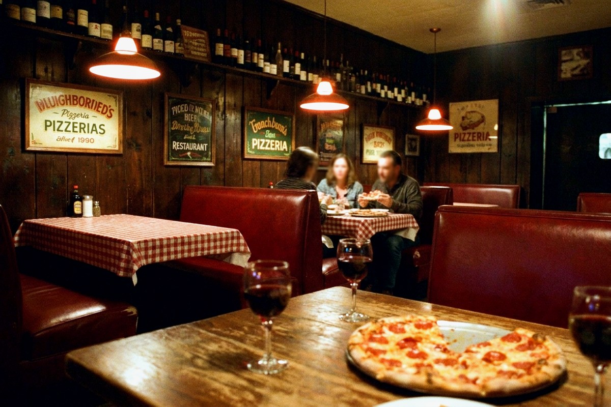 The warm wood-paneled dining room at Redwood Pizzeria, Felton